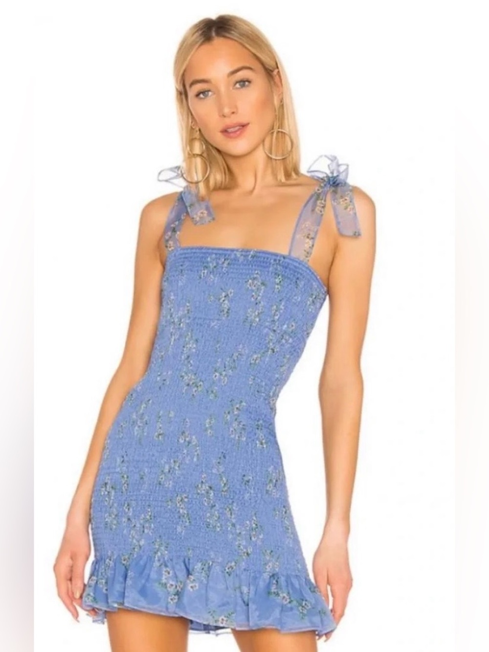 AMANDA UPRICHARD BLUE FLORAL SMOCKED MINI DRESS